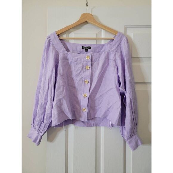 J. Crew Squareneck button-up top in linen, Purple M NWT $98 - Picture 2 of 10